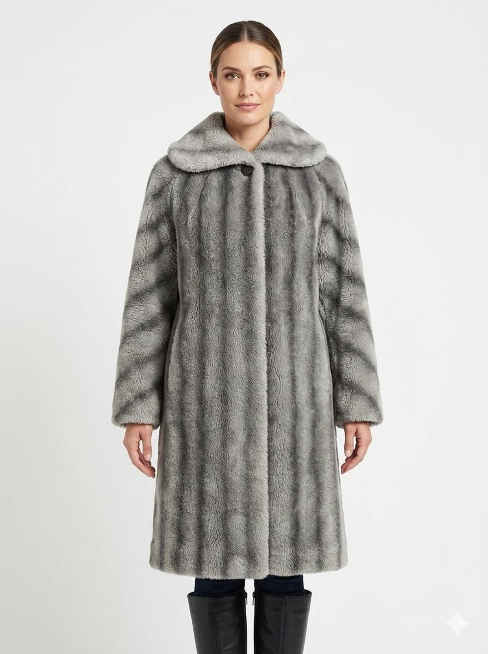 Vintage Striped Gray Faux Fur Swing Coat Overcoat Soft Glam Mob Wife | M/L